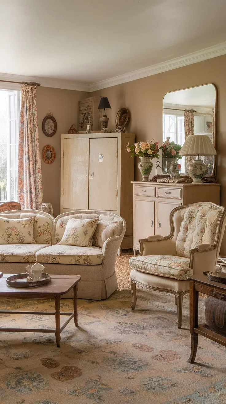 Step into the charming embrace of this vintage French country living room, where cottage style home interior meets rustic elegance.  The perfect blend of cottage country decor creates a cozy and inviting country lounge room, embodying the spirit of a French country cottage.