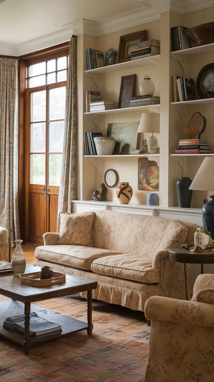 Escape to the idyllic serenity of this French country cottage.  The warm hues and carefully curated details create a vintage French country living room that embodies rustic elegance.  Find inspiration for your own cottage country decor in this cozy and inviting space.