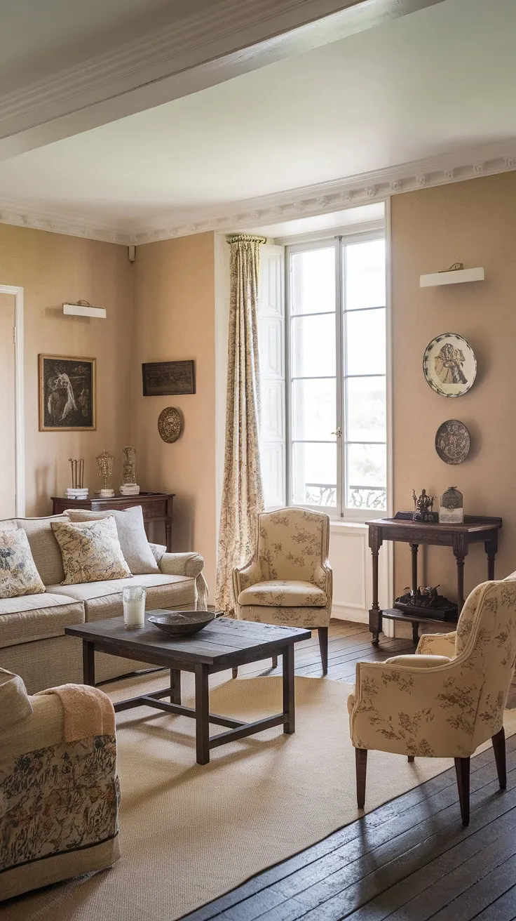 Step inside this charming vintage French country living room, a perfect example of cottage country decor.  The cottage style home interior exudes warmth and rustic elegance, offering inspiring country lounge room ideas for your own French country cottage.