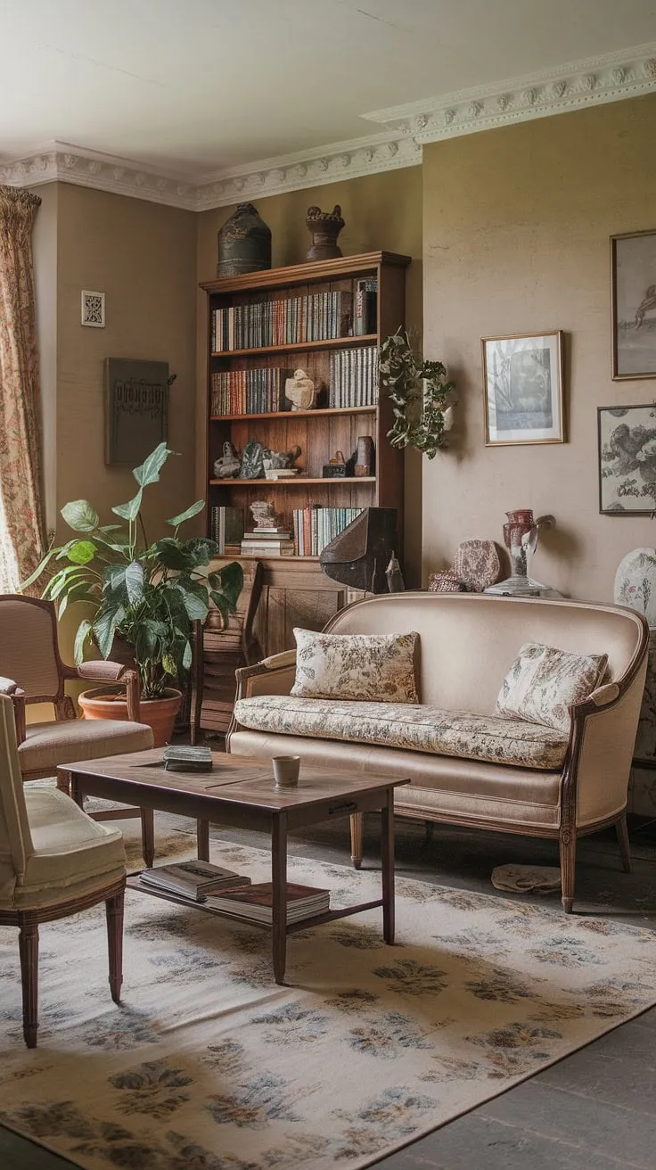 This French country cottage boasts a vintage French country living room that whispers of relaxed elegance.  The cottage style home interior is beautifully realized through thoughtful details, from the floral rug to the curated bookshelf, providing ample inspiration for your own country lounge room ideas.