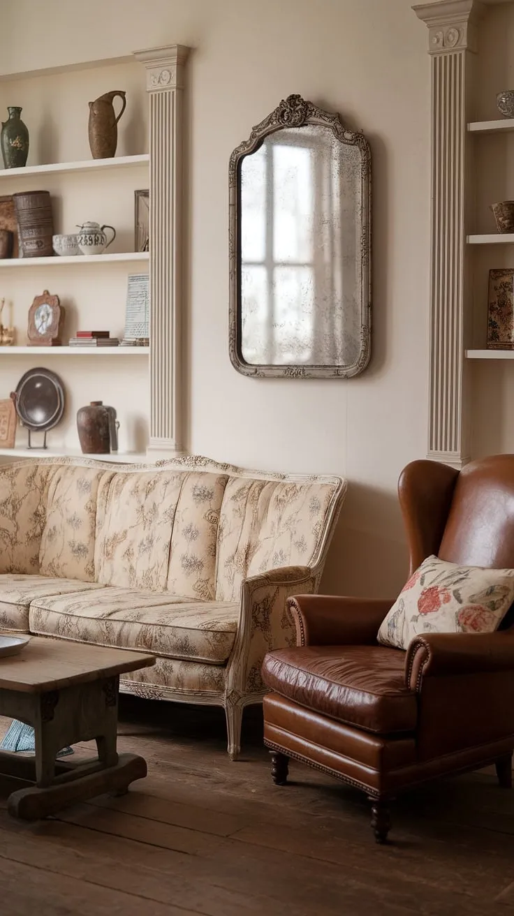 Step into the charming embrace of this vintage French country living room.  The cottage style home interior, complete with floral accents and a rustic wooden coffee table, embodies the perfect blend of comfort and elegance. This is country lounge room ideas at its finest, showcasing the beauty of cottage country decor in a French country cottage setting.