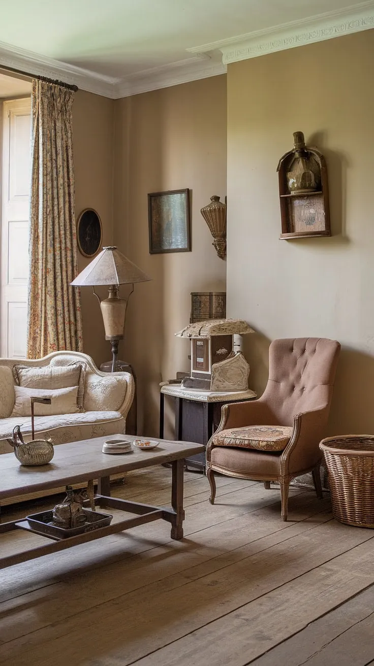 Step into the charming embrace of this vintage French country living room, where cottage style home interior meets rustic elegance.  The perfect blend of cottage country decor creates a cozy and inviting country lounge room, embodying the spirit of a French country cottage.
