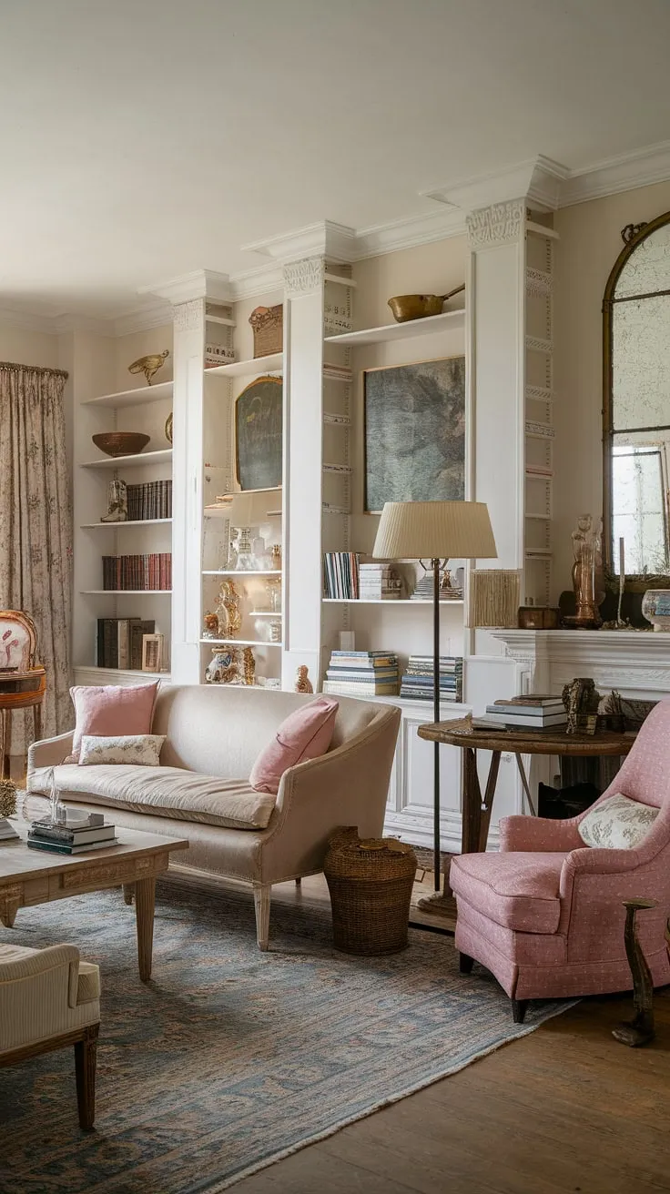 Escape to the tranquility of this vintage French country living room, nestled within a picturesque French country cottage.  The cottage style home interior is brimming with character, showcasing a delightful blend of cottage country decor and inspiring country lounge room ideas.
