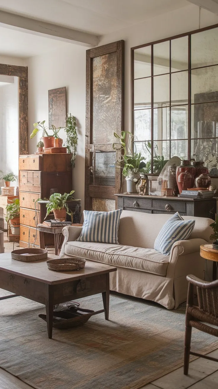 Step into the charming embrace of this vintage French country living room, a perfect example of cottage style home interior.  The rustic artwork, wooden accents, and cozy seating create a tranquil cottage country decor, offering delightful country lounge room ideas for your own space.
