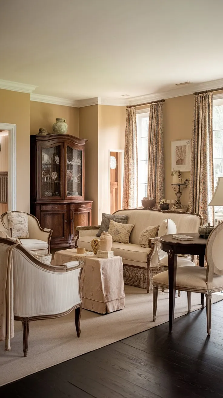 Step into the charming embrace of this vintage French country living room, where cottage style home interior meets rustic elegance.  The perfect blend of cottage country decor creates a cozy and inviting country lounge room, embodying the spirit of a French country cottage.