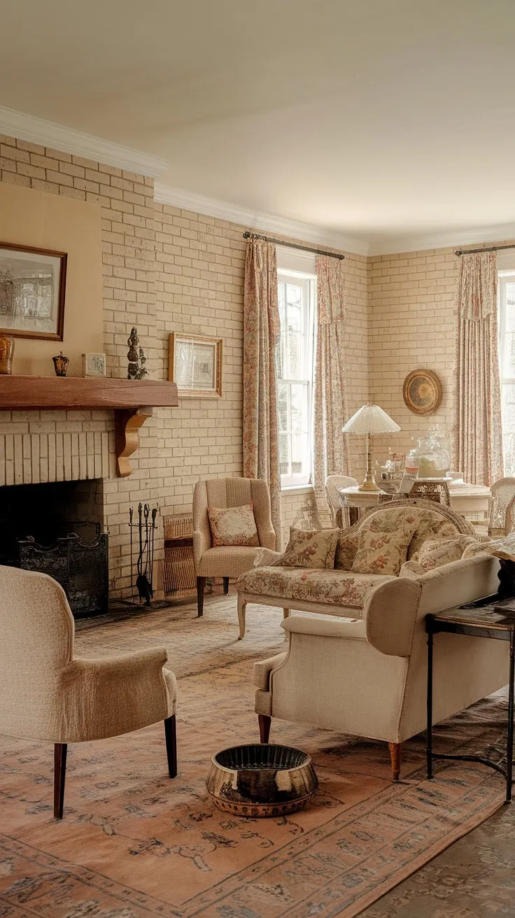 Step into the charming embrace of this vintage French country living room, a perfect example of cottage style home interior.  The beige brick fireplace and floral accents create a cozy and inviting atmosphere, offering endless country lounge room ideas for your own cottage country decor dreams.