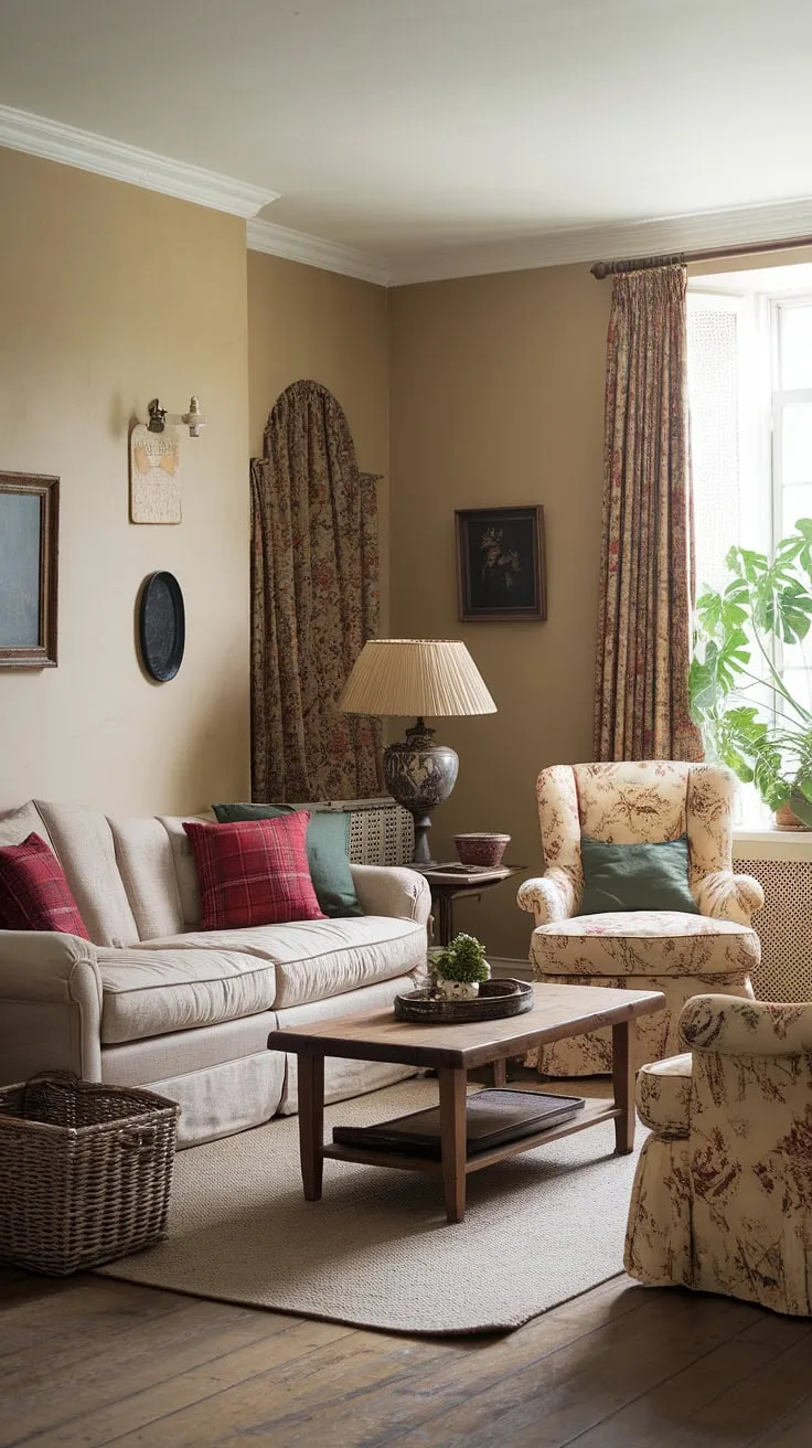 Step inside this charming vintage French country living room, a perfect example of cottage country decor.  The cottage style home interior exudes warmth and rustic elegance, offering inspiration for your own country lounge room ideas.  A true French country cottage dream.