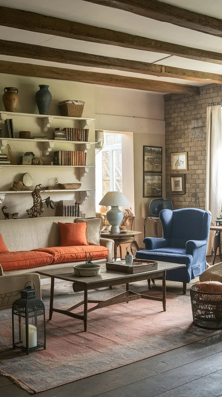 Step into the charming embrace of this vintage French country living room, where cottage style home interior meets rustic elegance.  The perfect blend of cottage country decor creates a cozy and inviting country lounge room, embodying the spirit of a French country cottage.