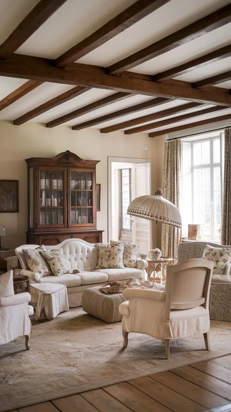 Step into the charming embrace of this vintage French country living room, a perfect example of cottage style home interior.  The beige and white palette, complemented by cottage country decor and a floral rug, creates a serene and inviting country lounge room atmosphere.  Note the beautiful wooden beams and antique cabinet.