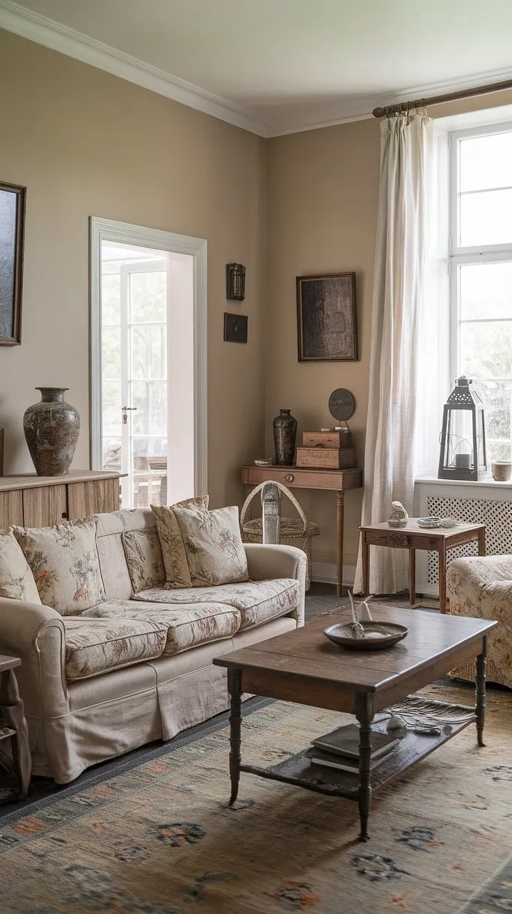 Step inside this charming vintage French country living room, a perfect example of cottage country decor.  The cottage style home interior exudes warmth and rustic elegance, offering inspiration for your own country lounge room ideas.  A true French country cottage dream.