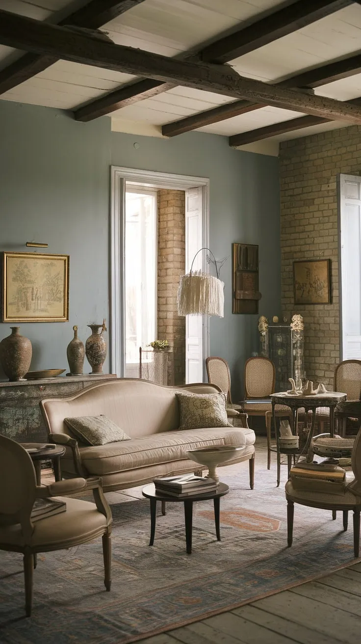 Step into the charming embrace of this vintage French country living room, where cottage style home interior meets rustic elegance.  The perfect blend of cottage country decor creates a cozy and inviting country lounge room, embodying the spirit of a French country cottage.
