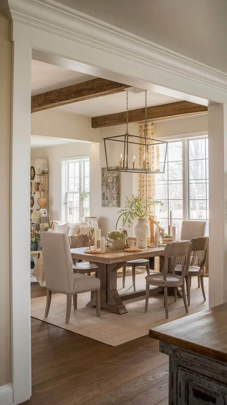 The heart of this home: a French farmhouse dining table anchors a stunning French country dining room.  The open concept design, incorporating a cozy fireplace and rustic dining room decor, creates a welcoming dining area in the great room, showcasing the beauty of French country style.