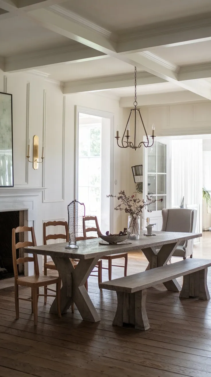 Bathed in natural light, this modern French country dining nook, featuring a rustic dining room table and fireplace, seamlessly blends into the open concept dining area.  French country decor, including elegant crown molding, completes the charming rustic dining room aesthetic.