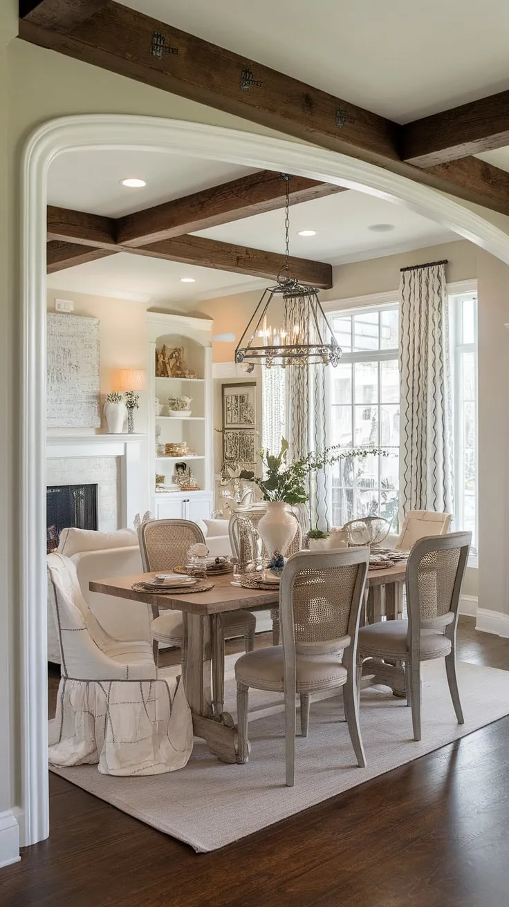 Imagine cozy evenings in this rustic dining room, where a French farmhouse dining table takes center stage in a sun-drenched open concept dining area.  The dining room with fireplace adds a touch of warmth, perfectly complementing the French country decor and the exquisite French country crown molding. This modern French country dining nook is the epitome of relaxed sophistication.