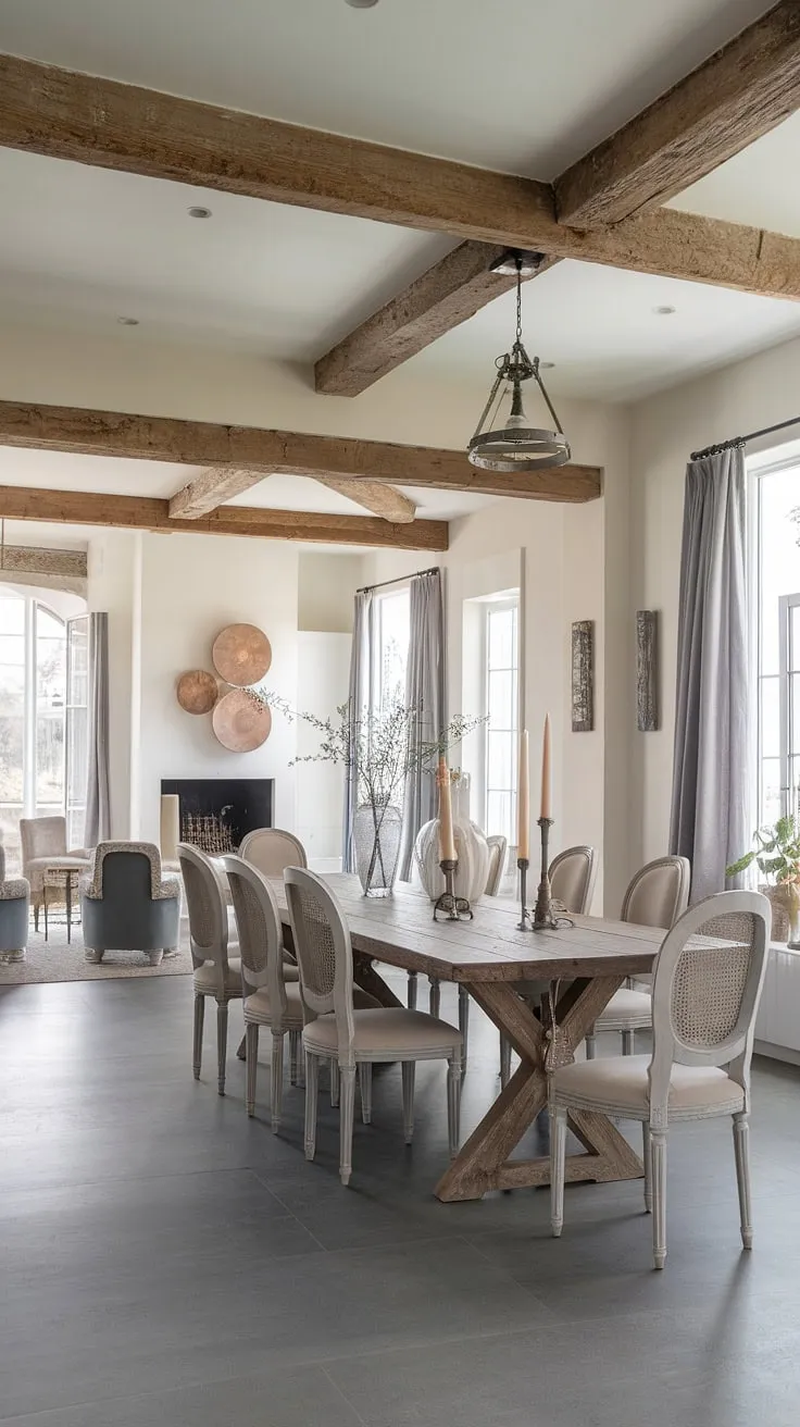 A rustic dining room transformed:  This French country dining room boasts a stunning French farmhouse dining table, perfectly situated within an open concept dining area featuring a welcoming fireplace.  The French country decor, including the elegant crown molding, elevates the space, creating a modern French country dining experience that's both sophisticated and comfortable.