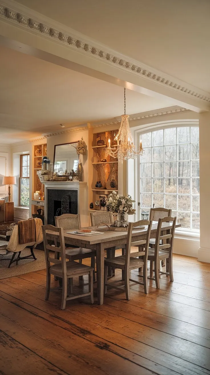 The heart of this home: a French farmhouse dining table anchors a stunning French country dining room.  The open concept design flows effortlessly into the great room, showcasing rustic dining room decor and the warmth of a fireplace, all enhanced by beautiful French country crown molding.