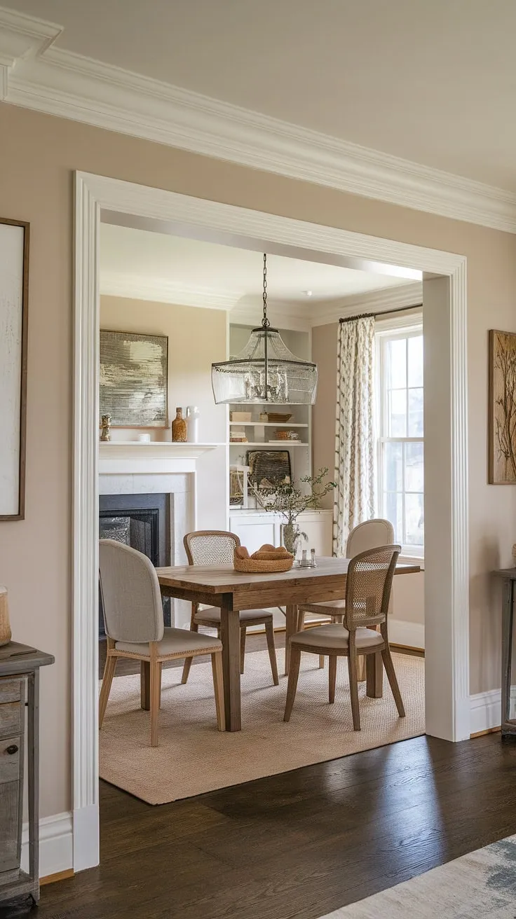 Bathed in natural light, this modern French country dining nook, featuring a rustic dining room table and fireplace, seamlessly blends into the open concept dining area.  French country decor, including elegant crown molding, completes the charming rustic dining room ambiance.