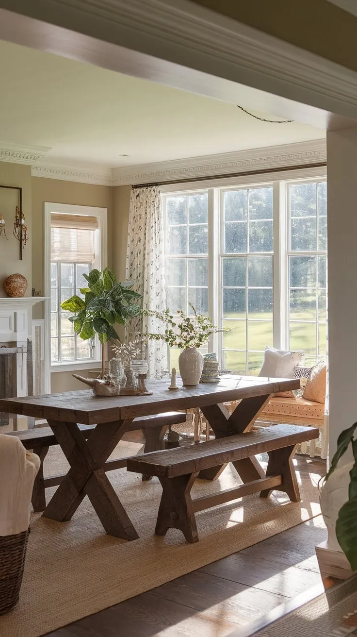 This rustic dining room boasts a stunning french country dining room design.  The french farmhouse dining table sits perfectly in the open concept dining area, bathed in natural light from the large window overlooking lush greenery. A fireplace adds warmth to this inviting space, showcasing the perfect balance of french country decor and modern touches within the dining area in great room, all enhanced by the elegant french country crown molding.