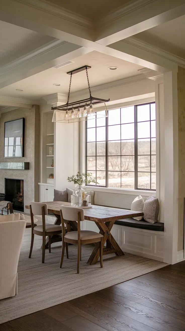 The heart of this home: a French farmhouse dining table anchors a stunning French country dining room.  The open concept design flows effortlessly into the great room, showcasing rustic dining room decor and the warmth of a fireplace, all enhanced by beautiful French country crown molding.