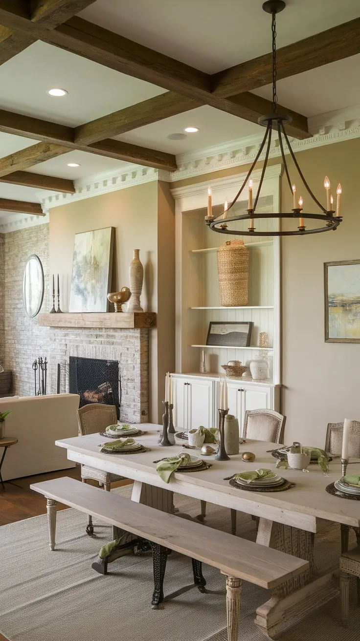 Bathed in natural light, this modern French country dining nook, featuring a rustic dining room table and fireplace, seamlessly blends into the open concept dining area.  French country decor, including elegant crown molding, completes the charming rustic dining room aesthetic.