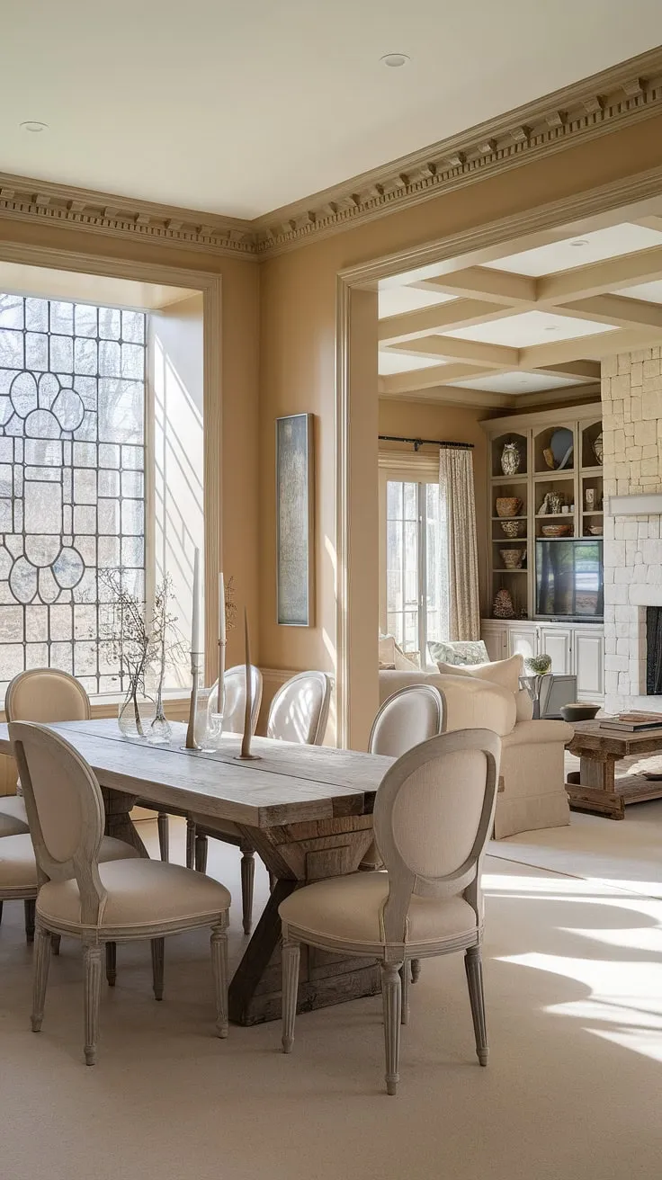 This rustic dining room showcases the beauty of a french country dining room with fireplace.  The french farmhouse dining table, surrounded by comfortable seating, is the heart of this modern french country dining nook.  French country crown molding adds a touch of sophistication to the open concept dining area, which effortlessly connects to the great room, completing the inviting and stylish rustic dining room decor.