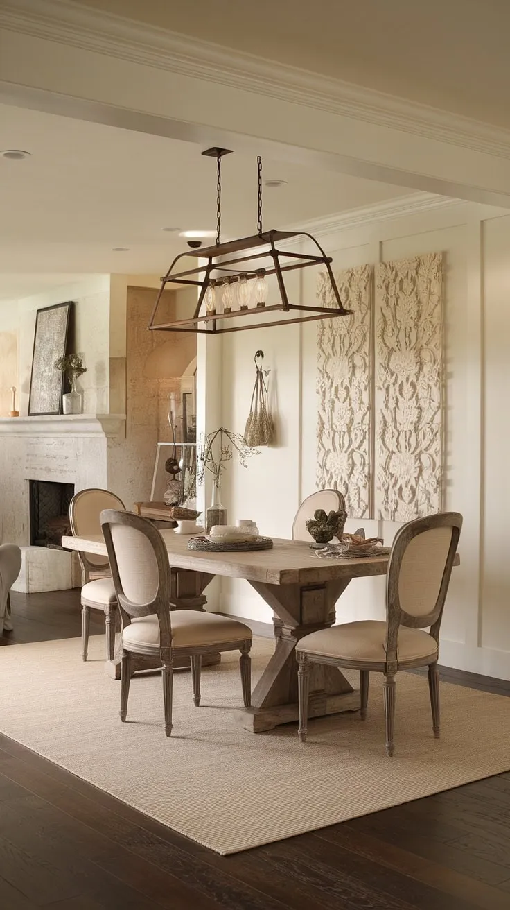 Imagine cozy evenings spent in this rustic dining room.  The french country dining room features a stunning french farmhouse dining table, perfectly situated in a modern french country dining nook within an open concept dining area.  A fireplace adds warmth, while french country decor, including crown molding, elevates the space.  The overall effect is a beautifully balanced blend of rustic dining room decor and modern comfort, creating the ideal dining area in great room.