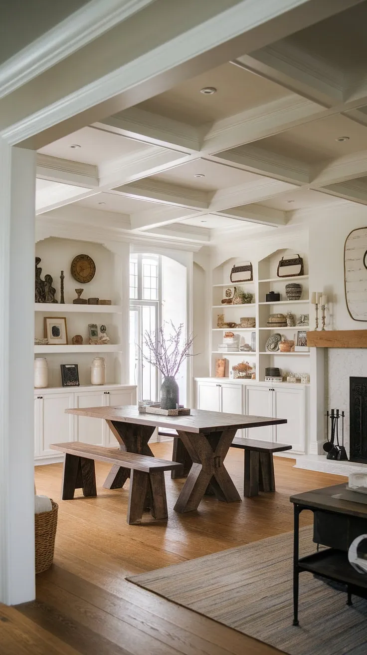 A rustic dining room with a modern twist, this french country dining room boasts a charming french farmhouse dining table as its centerpiece.  The dining room with fireplace adds warmth and character to this spacious dining area in great room.  The carefully curated french country decor and the elegant french country crown molding elevate this rustic dining room decor to a whole new level of sophistication.