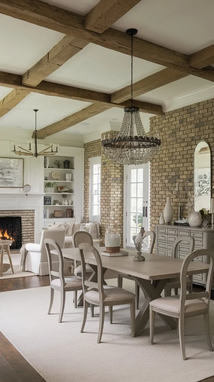 Bathed in natural light, this modern French country dining nook, featuring a rustic dining room table and fireplace, seamlessly blends into the open concept dining area.  French country decor, including elegant crown molding, completes the charming rustic dining room aesthetic.