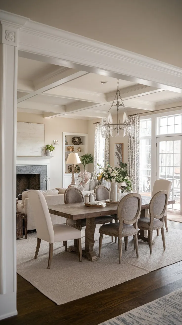 This modern French country dining nook, featuring a rustic farmhouse dining table, seamlessly blends old-world charm with contemporary style. The open concept dining area, complete with a cozy fireplace and elegant French country crown molding, creates a warm and inviting atmosphere within the greater room.  The rustic dining room decor perfectly complements the French country decor throughout.
