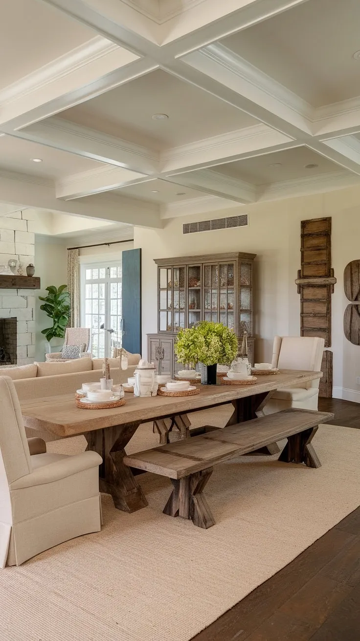 The heart of this home: a French farmhouse dining table anchors a stunning French country dining room.  The open concept design, incorporating a fireplace and rustic dining room decor, creates a warm and inviting dining area in the great room, showcasing the best of French country style.