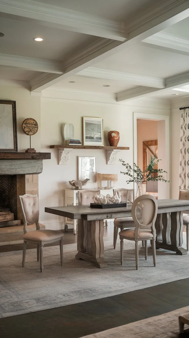A rustic dining room transformed! This open concept dining area boasts a stunning French country dining room design. The French farmhouse dining table anchors the space, complemented by the warmth of a rustic fireplace and the refined details of French country crown molding.  The overall effect is a sophisticated yet comfortable modern French country dining room, showcasing the best of rustic dining room decor.