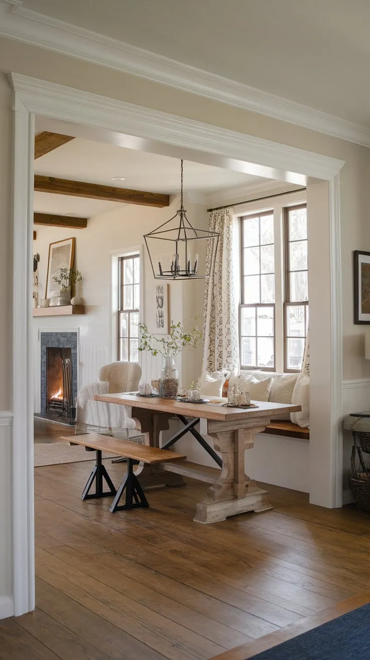 The warmth of a rustic dining room meets the elegance of French country decor in this open concept dining area.  A modern French country dining nook, anchored by a French farmhouse dining table, sits invitingly near a cozy fireplace.  French country crown molding adds a touch of sophistication, completing the perfect blend of styles in this great room's dining space.