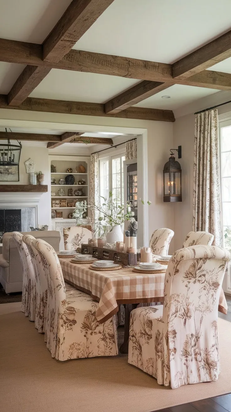 The heart of this home: a French farmhouse dining table anchors a stunning French country dining room.  The open concept design flows effortlessly into the great room, creating a spacious and inviting dining area with a rustic dining room decor and a cozy fireplace as a focal point.