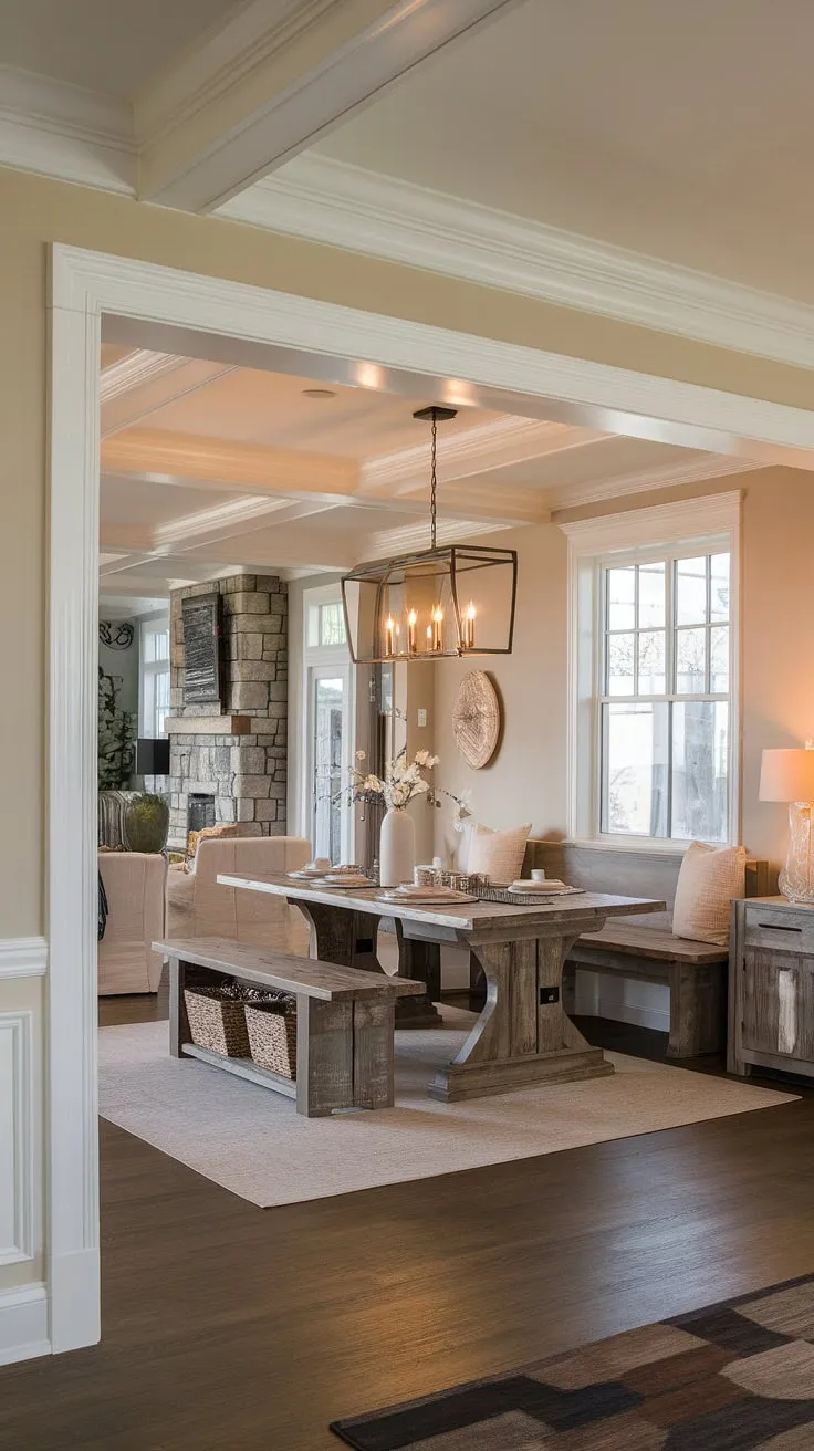 Bathed in natural light, this modern French country dining nook, featuring a rustic dining room table and fireplace, seamlessly blends into the open concept dining area.  French country decor, including elegant crown molding, completes the charming rustic dining room aesthetic.