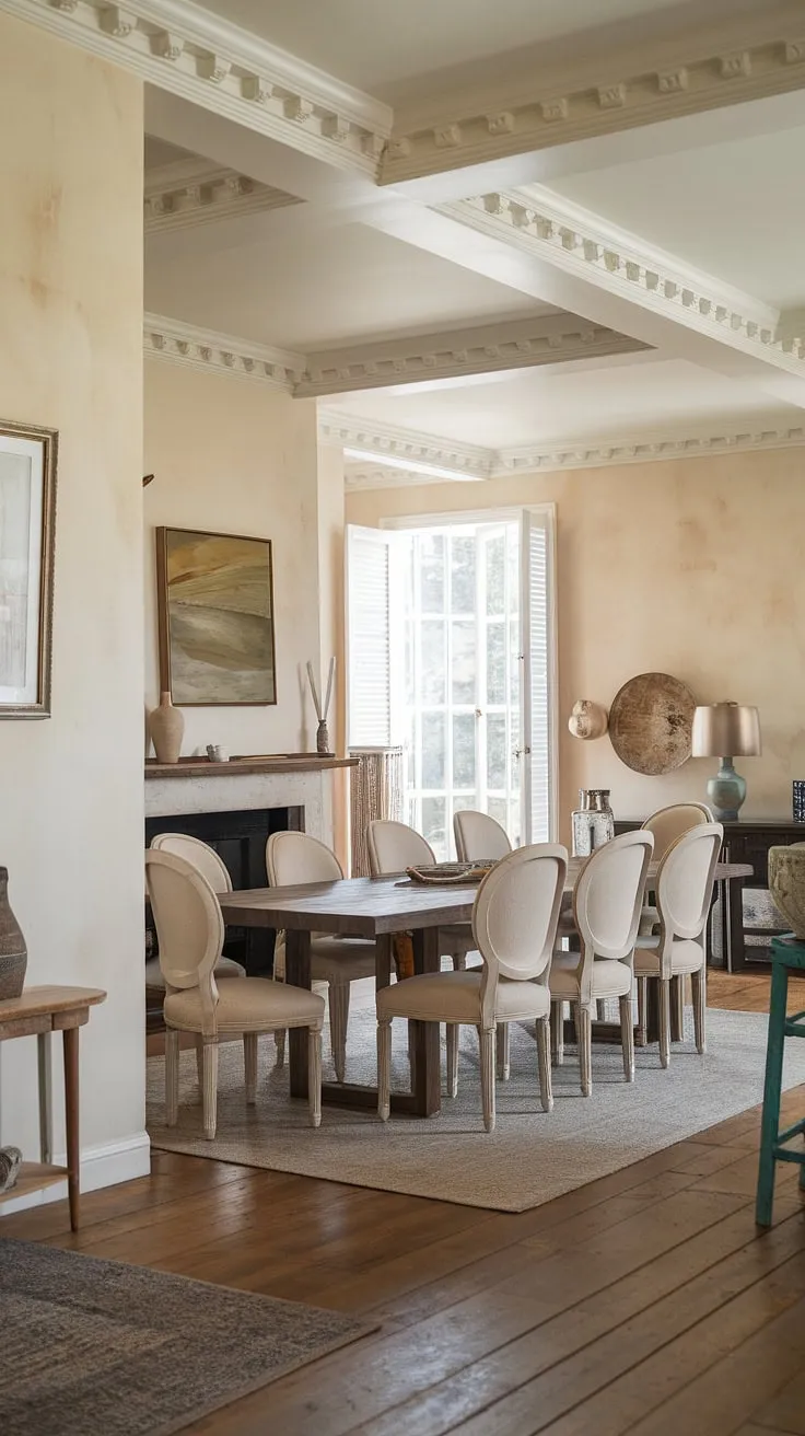 The heart of the home: a rustic dining room bathed in natural light.  This french country dining room features a stunning french farmhouse dining table, perfectly situated within the open concept dining area and adjacent to a cozy fireplace.  The french country decor, including the elegant crown molding, elevates this dining area in great room to a space of timeless beauty and rustic dining room decor.