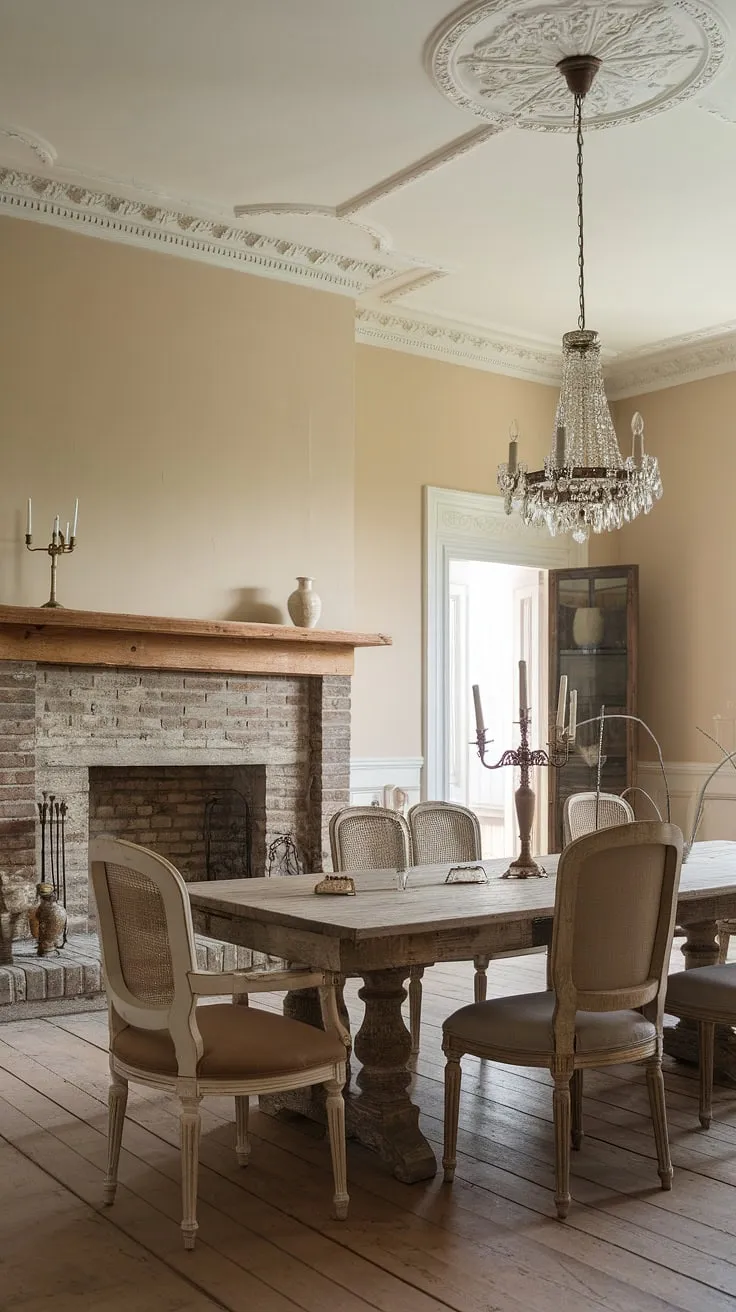 Bathed in natural light, this modern French country dining nook, featuring a rustic dining room table and fireplace, seamlessly blends into the open concept dining area.  French country decor, including elegant crown molding, completes the charming rustic dining room ambiance.
