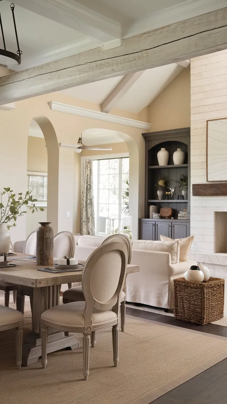 This modern French country dining nook, nestled within an open concept great room, effortlessly blends rustic charm with contemporary elegance.  The french farmhouse dining table, adorned with beige upholstered chairs, anchors the space, complemented by the french country decor, crown molding, and a cozy seating area nearby. The fireplace adds warmth to this inviting dining room with fireplace, creating the perfect rustic dining room for gatherings.