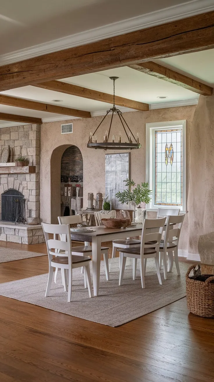 Bathed in natural light, this modern French country dining nook, featuring a rustic dining room table and fireplace, seamlessly blends into the open concept dining area.  French country decor, including elegant crown molding, completes the charming rustic dining room aesthetic.