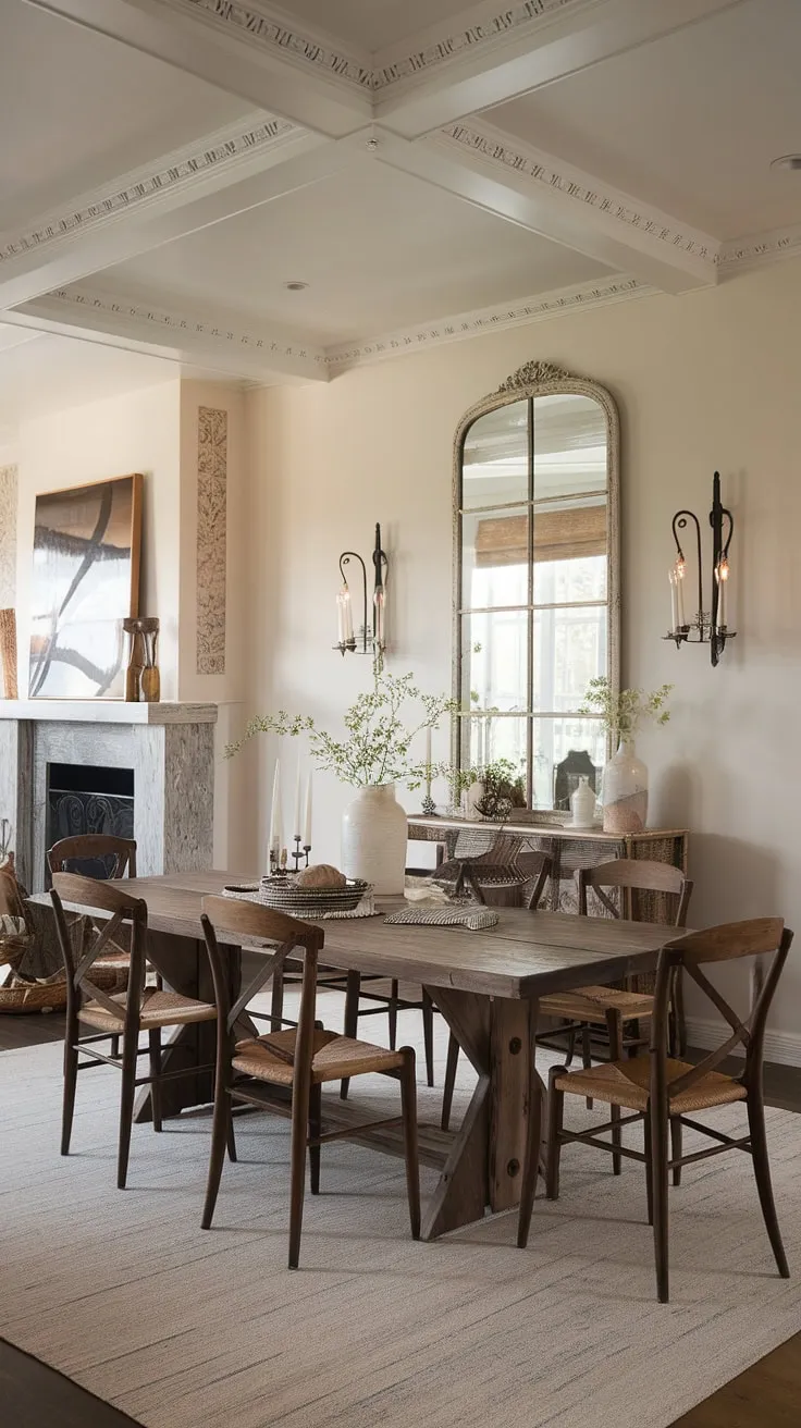 Bathed in natural light, this modern French country dining nook, featuring a rustic dining room table and fireplace, seamlessly blends into the open concept dining area.  French country decor, including elegant crown molding, completes the charming rustic dining room aesthetic.