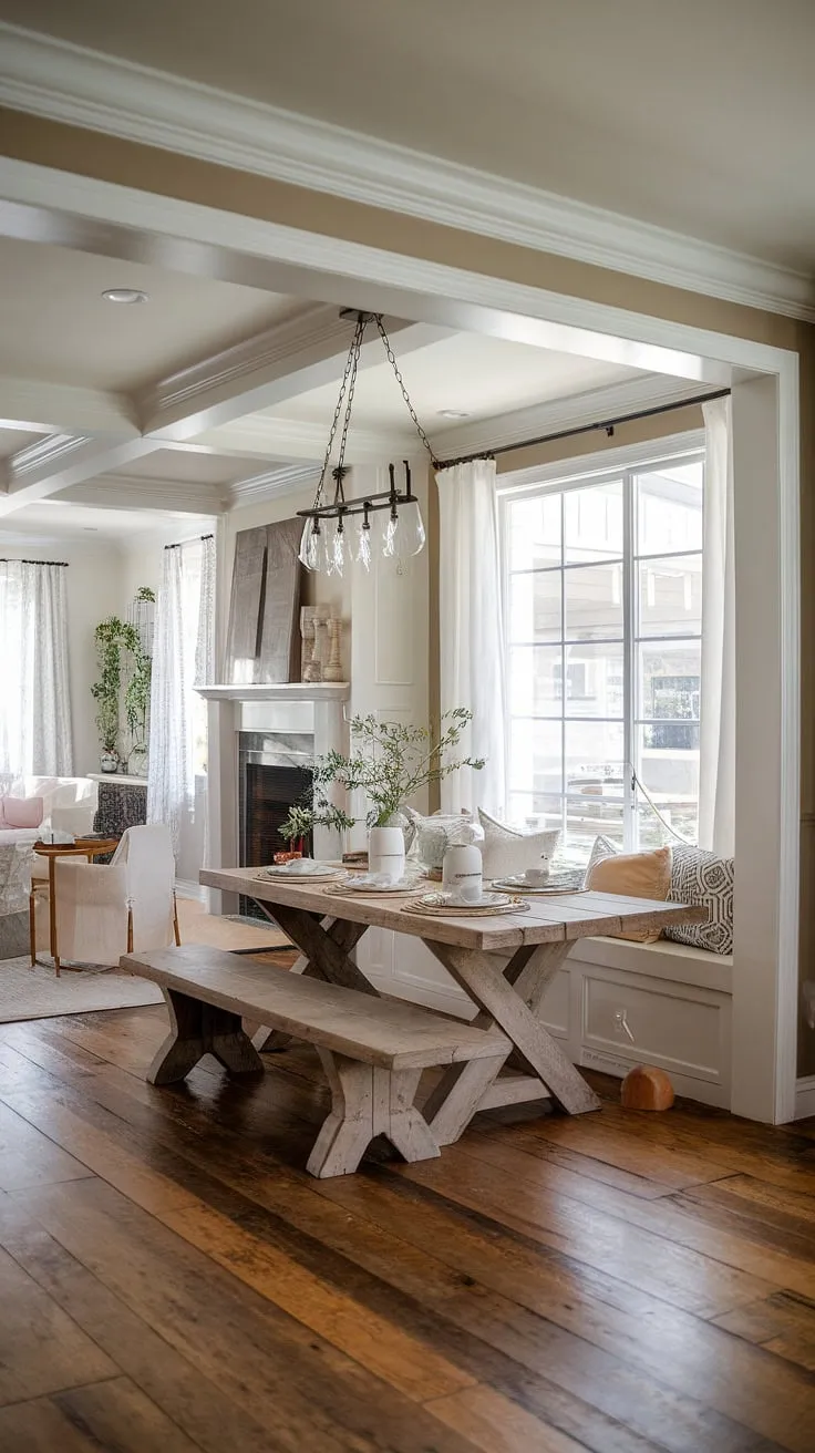 Bathed in natural light, this charming French country dining room showcases a beautiful French farmhouse dining table in a rustic dining room setting.  The open concept design seamlessly integrates the dining area into the great room, creating a spacious and inviting atmosphere.  The fireplace adds warmth and character, perfectly complementing the French country decor and elegant French country crown molding. This rustic dining room decor is the epitome of modern French country style.