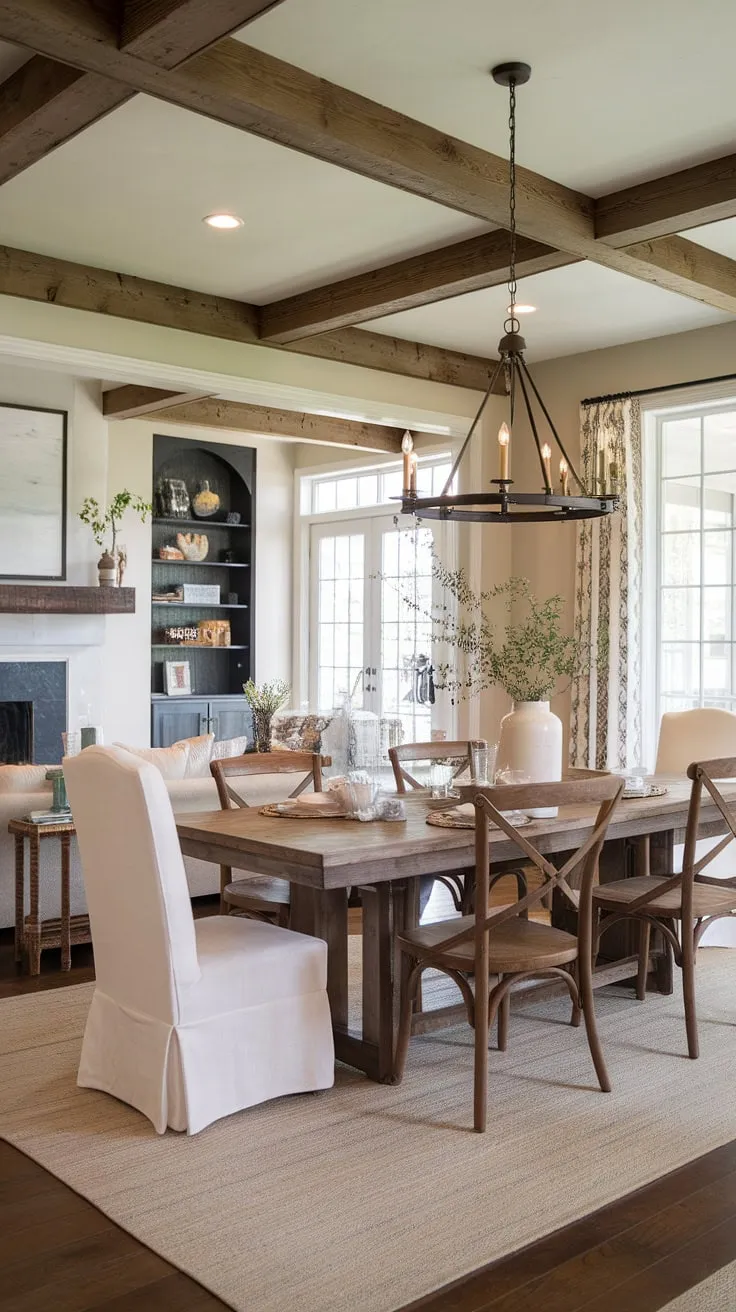 The warmth of a French country fireplace radiates through this open concept dining area, where a rustic dining room and modern French country dining nook blend seamlessly.  The French farmhouse dining table, adorned with French country decor, sits beneath elegant French country crown molding, creating a charming and inviting rustic dining room.  This dining room with fireplace is the heart of the home, a perfect example of French country dining room style.