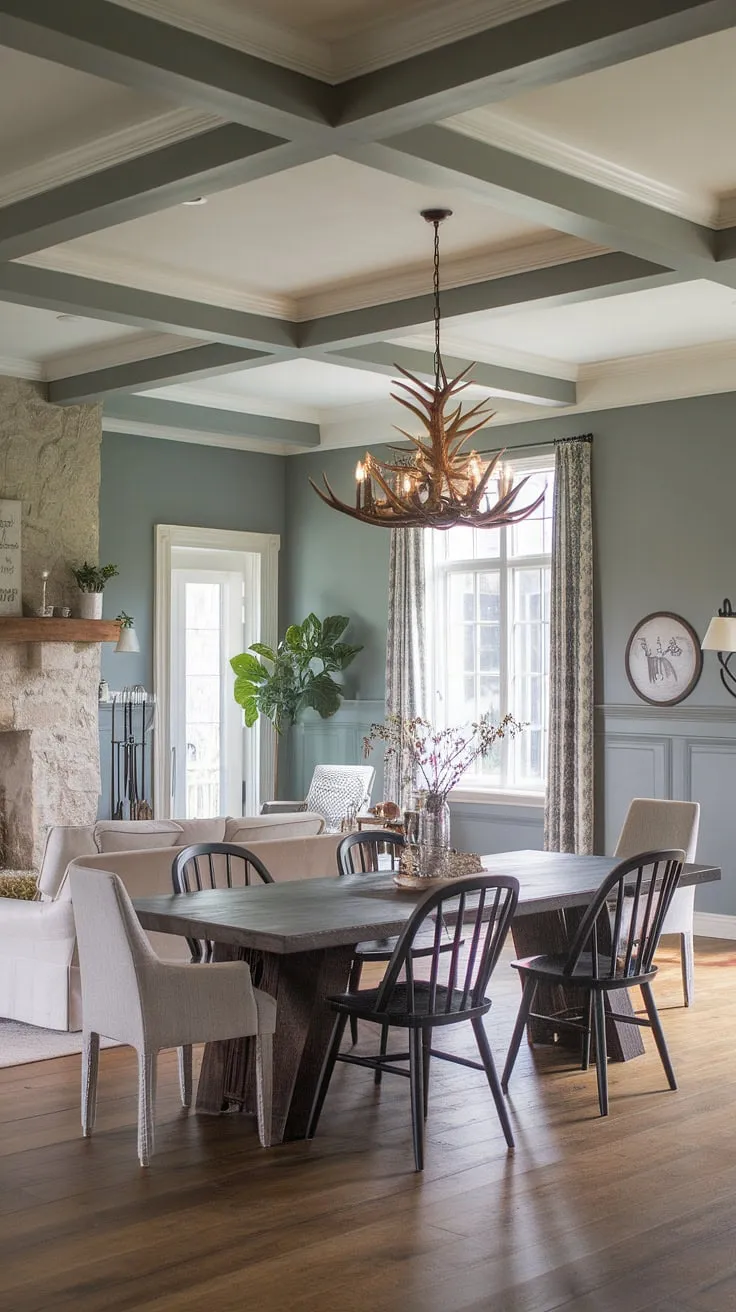 Bathed in natural light, this modern French country dining nook, featuring a rustic dining room table and fireplace, seamlessly blends into the open concept dining area.  French country decor, including elegant crown molding, completes the charming rustic dining room ambiance.