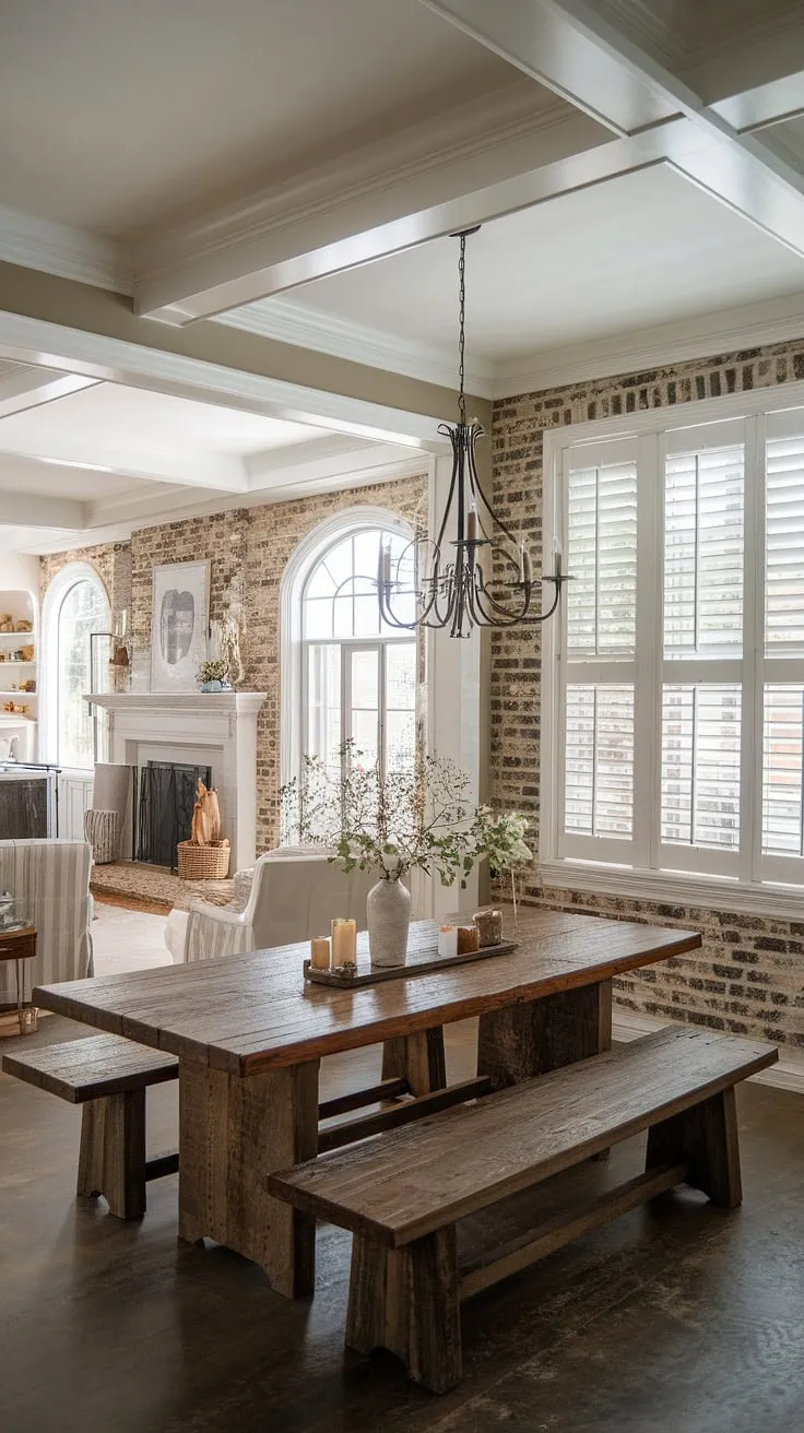 This rustic dining room, a perfect blend of French country decor and modern farmhouse style, boasts a charming French farmhouse dining table and benches nestled in a modern French country dining nook.  The open concept dining area, complete with a fireplace and French country crown molding, creates a cozy and inviting atmosphere within the larger great room.