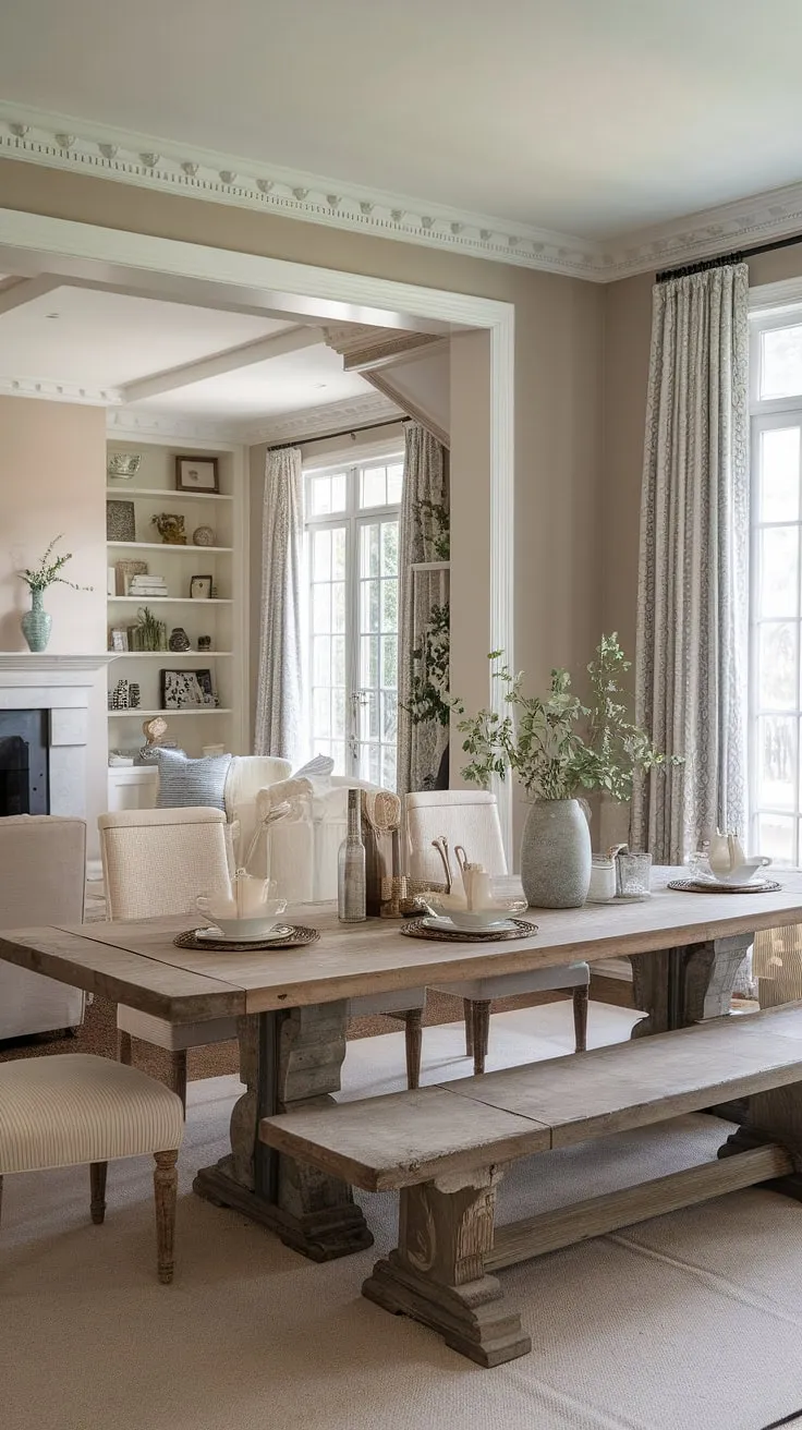 A rustic dining room redefined: this open concept dining area showcases a stunning French country dining room design.  The French country crown molding adds a touch of classic French farmhouse style, while the modern elements and fireplace create a warm and inviting atmosphere.  The rustic dining room decor, centered around the beautiful French farmhouse dining table, perfectly complements the soft grey walls of this great room.