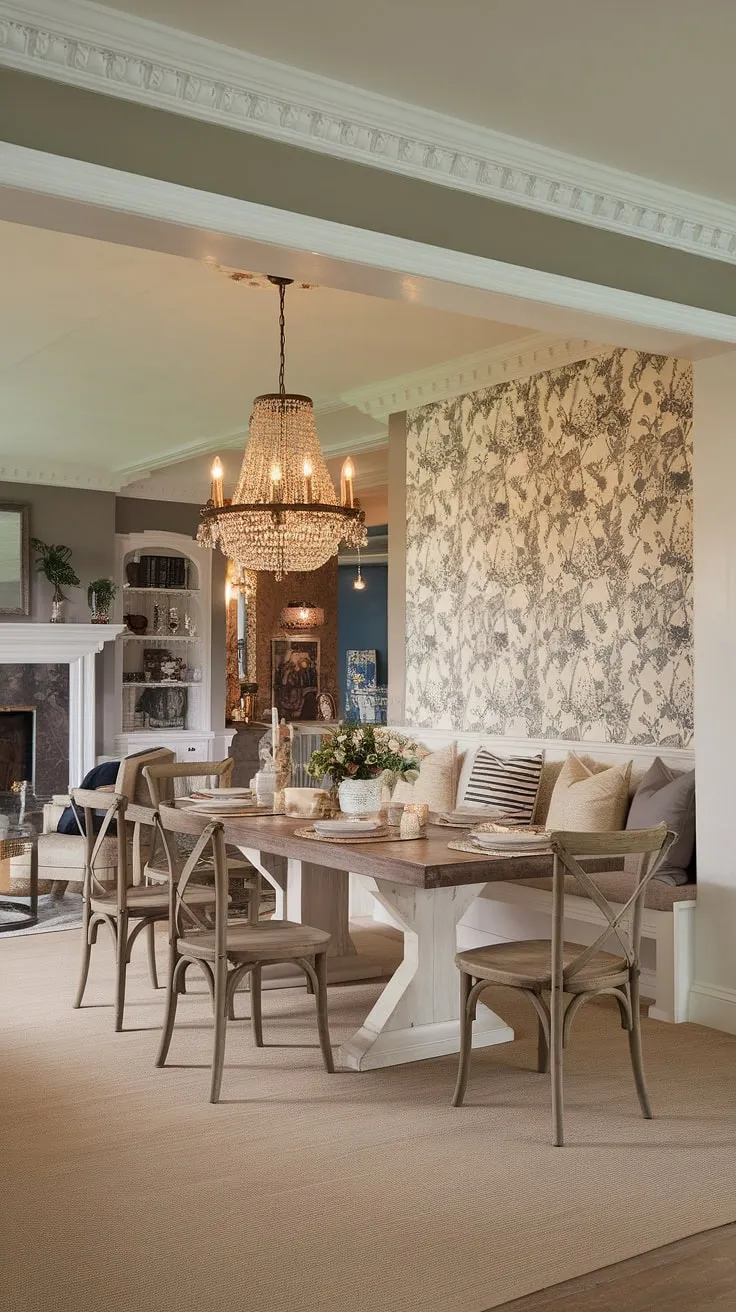 Bathed in natural light, this modern French country dining nook, featuring a rustic dining room table and fireplace, seamlessly blends into the open concept dining area.  French country decor, including elegant crown molding, completes the charming rustic dining room ambiance.