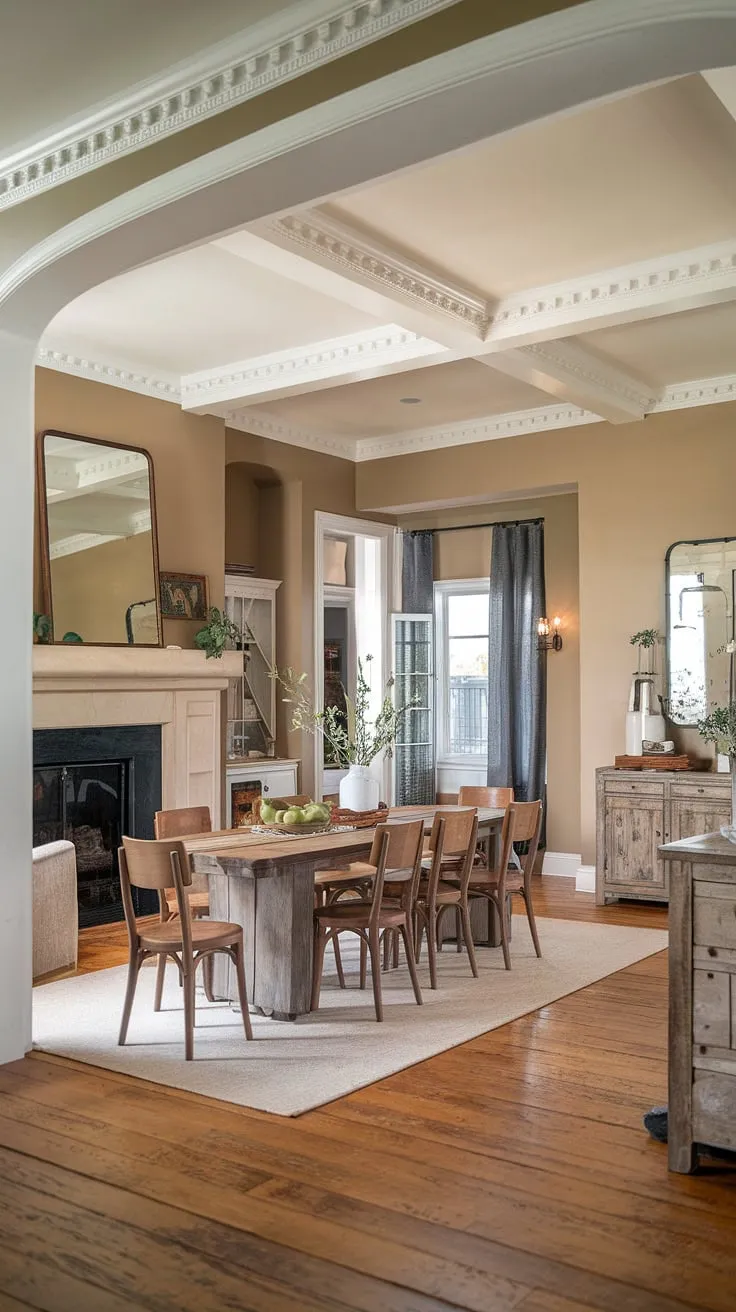 Bathed in natural light, this modern French country dining nook, featuring a rustic dining room table and fireplace, seamlessly blends into the open concept dining area.  French country decor, including elegant crown molding, completes the charming rustic dining room ambiance.