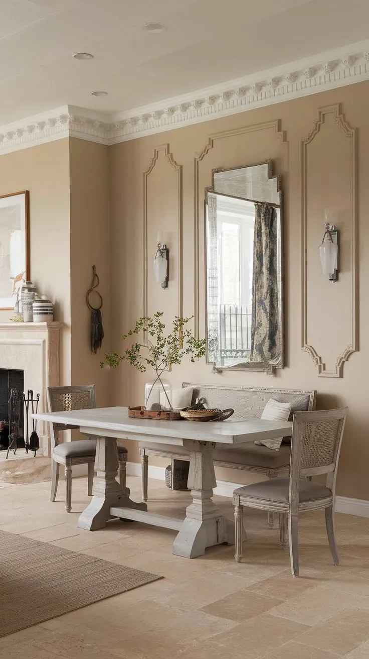 Bathed in natural light, this modern French country dining nook, featuring a rustic dining room table and fireplace, seamlessly blends into the open concept dining area.  French country decor, including elegant crown molding, completes the charming rustic dining room ambiance.