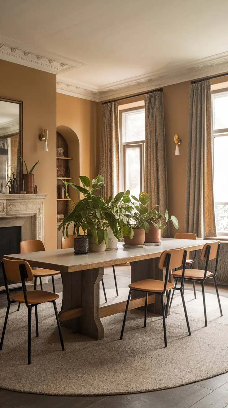 Bathed in natural light, this modern French country dining nook, featuring a rustic dining room table and fireplace, seamlessly blends into the open concept dining area.  French country decor, including elegant crown molding, completes the charming rustic dining room aesthetic.