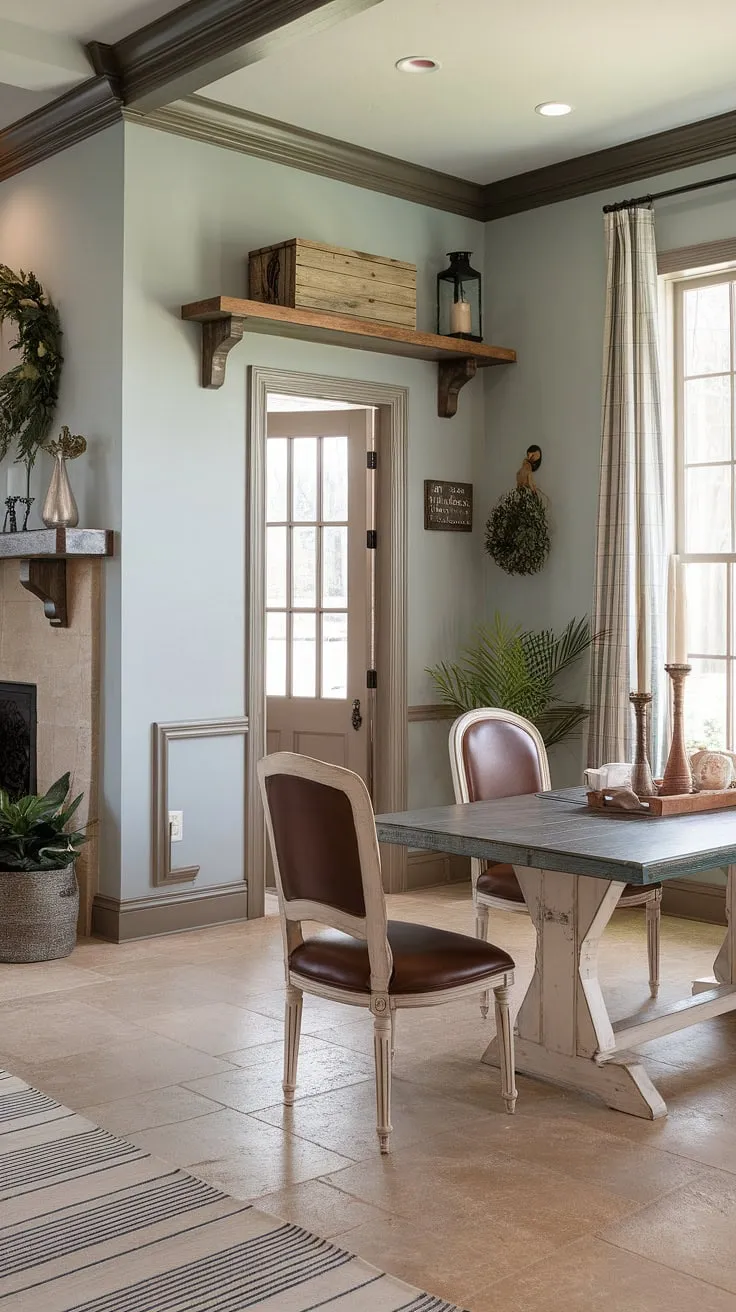 The warmth of a rustic dining room meets the elegance of French country design in this open concept dining area.  A beautiful French farmhouse dining table sits beneath a fireplace, framed by charming French country crown molding.  This modern French country dining nook, complete with French country decor, is the heart of the home, a perfect blend of comfort and style in a great room setting.