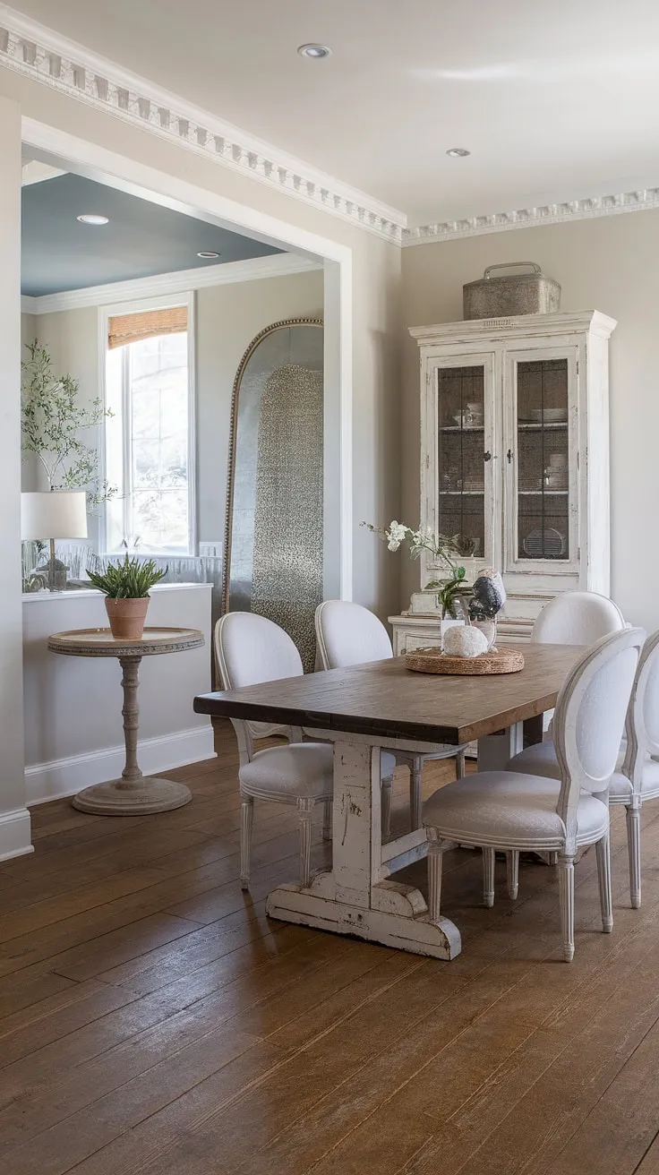 Bathed in natural light, this modern French country dining nook, featuring a rustic dining room table and fireplace, seamlessly blends into the open concept dining area.  French country decor, including elegant crown molding, completes the charming rustic dining room aesthetic.